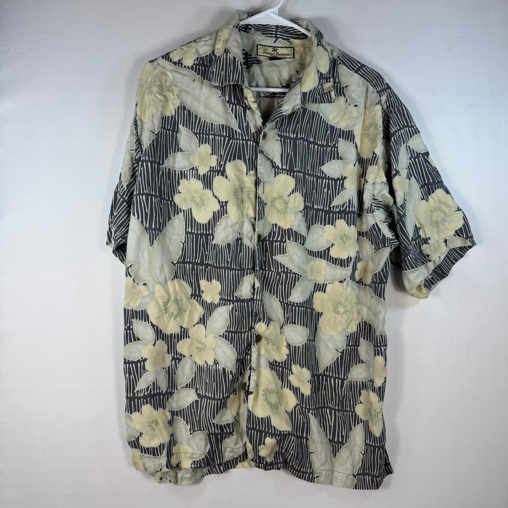 Tommy Bahama Mens Silk Floral Camp Shirt Grey Yellow Tropical Button Down Medium